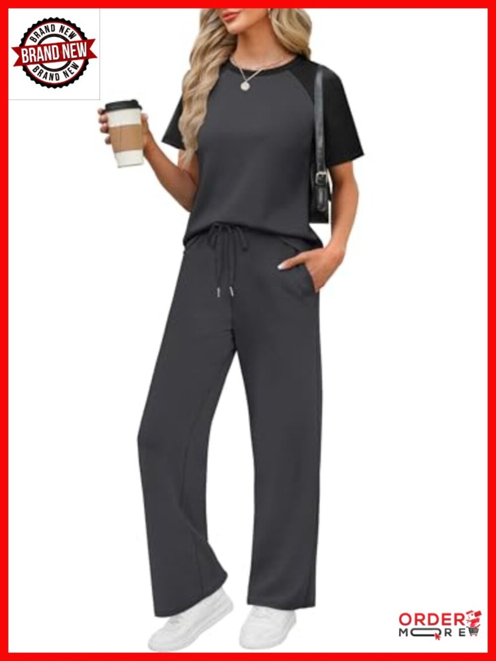 2 Piece Lounge Set Short Sleeve Wide Leg Travel Outfit